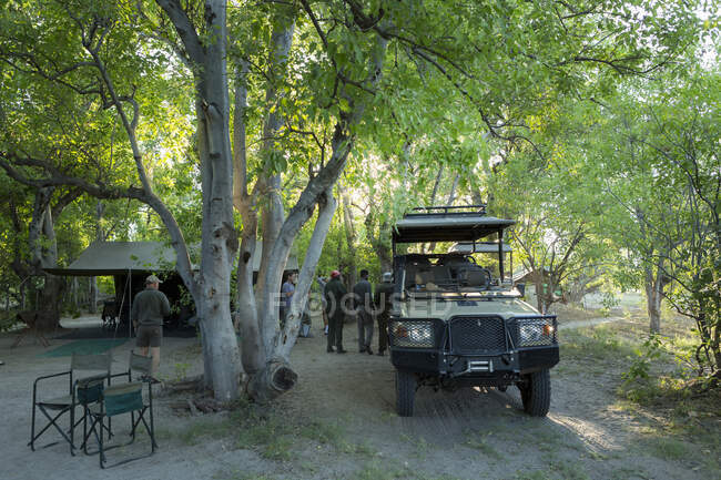 Vehículos de safari y guías bajo los árboles en un campamento de reserva de vida silvestre. - foto de stock