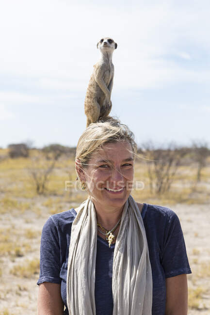 Femme adulte avec Meerkat sur la tête, désert du Kalahari, casseroles de sel Makgadikgadi, Botswana — Photo de stock