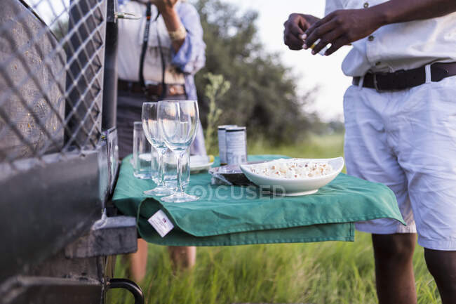 Spuntini e bevande sul tavolo pieghevole, veicolo safari, Botswana — Foto stock