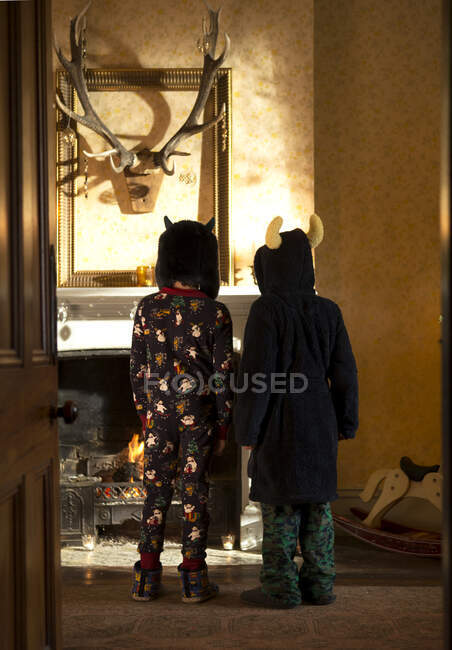Vista trasera de dos niños con pijama, toalla y sombreros de pie frente a una chimenea, trofeo de caza en la pared. - foto de stock