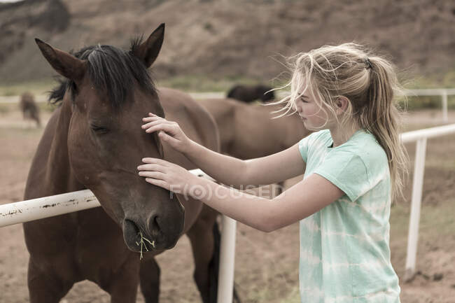 Teenage girl looking at horse in paddock — Stock Photo