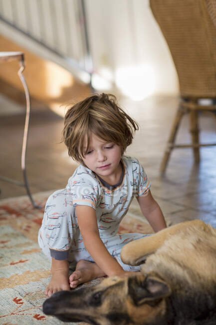 4 anno vecchio ragazzo giocare con il suo tedesco pastore cane — Foto stock