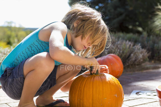 4 year old boy carving a pumpkin — Stock Photo