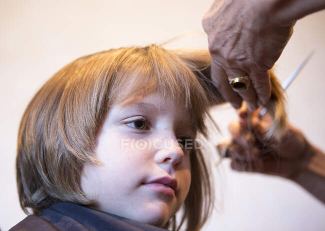 Garçon de 4 ans se faire couper les cheveux, plan recadré — Photo de stock