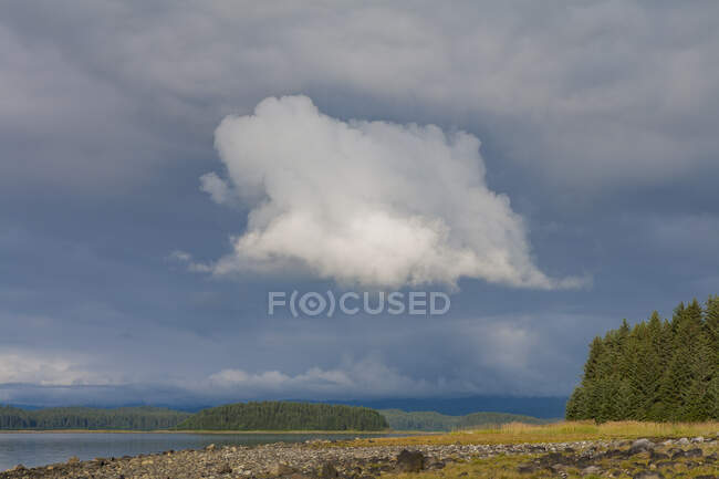 Drammatiche nubi temporalesche sulla costa remota, Muir Inlet, Glacier Bay National Park and Preserve, Alaska — Foto stock