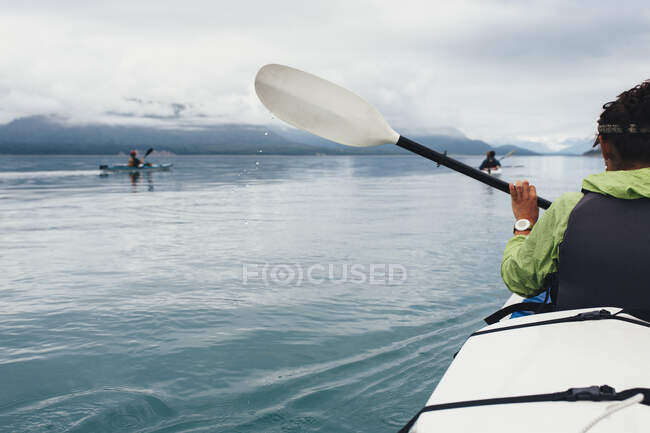 Grupo de kayakistas de mar remando aguas vírgenes de una ensenada en la costa de Alaska. - foto de stock