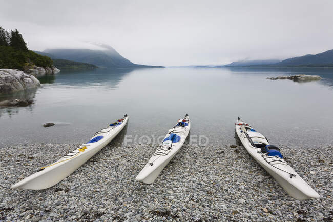 Kayaks de mer sur une plage éloignée, eaux calmes d'une crique sur la côte de l'Alaska. — Photo de stock