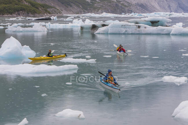 Kayakistas de mar remando en una laguna glaciar en una terminal glaciar en la costa de Alaska - foto de stock