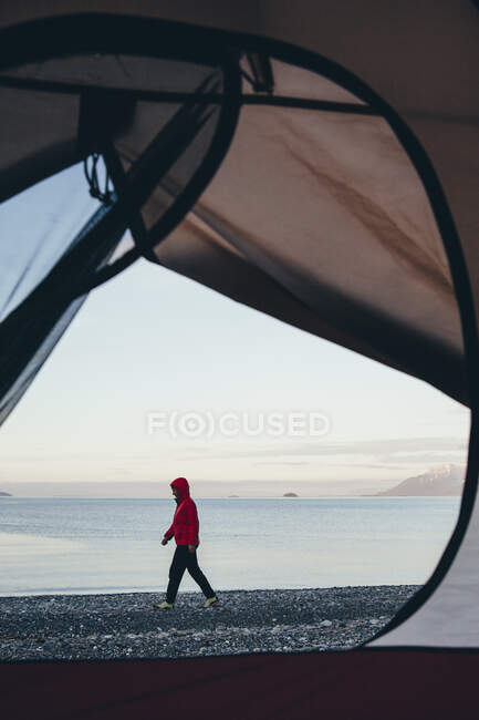 Vista através da entrada da barraca de acampamento da mulher que anda na praia, entrada do Muir na distância, parque nacional da baía da geleira, Alaska — Fotografia de Stock