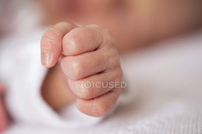 Mão de bebê recém-nascido, tiro cortado, foco seletivo — Fotografia de Stock