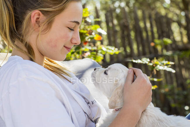 Adolescente chica holding golden retriever cachorro - foto de stock