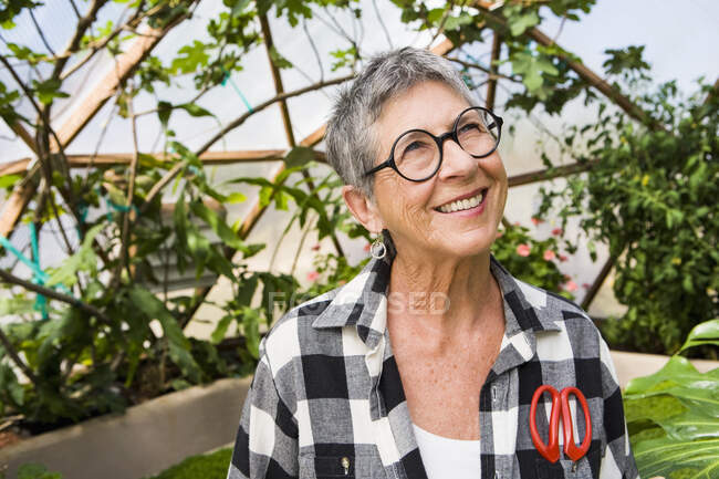 Садоводство для женщин старшего возраста в геодезическом куполе — стоковое фото