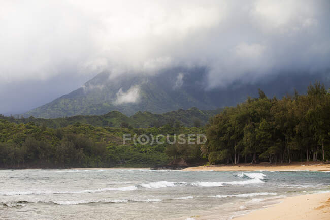 Playa de arena y olas rompiendo en la orilla, montañas en la niebla de arriba - foto de stock