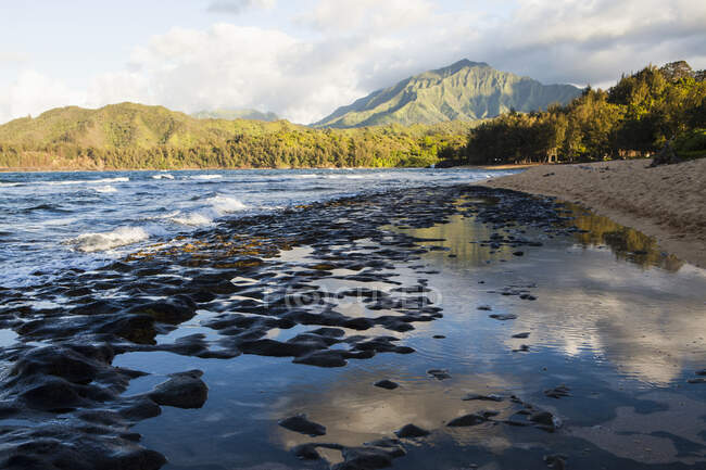 Bassa marea in spiaggia, formazioni rocciose nella sabbia e vista sulle montagne e folta foresta — Foto stock