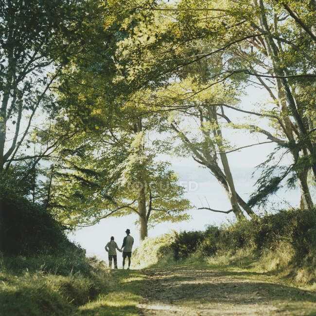 Мужчина и женщина делают паузу, чтобы увидеть в конце пышной зеленой тропы — стоковое фото