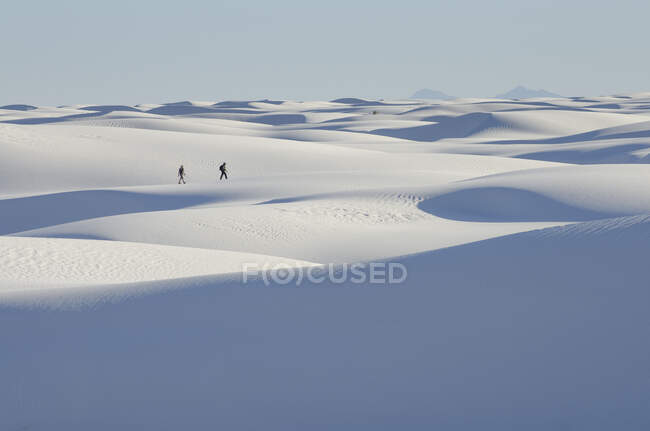Two people at a distance walking across white sand dunes. — Stock Photo