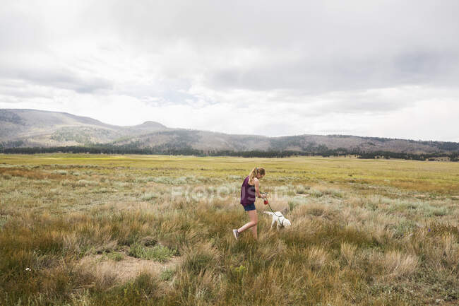 Teenage girl walking with her dog — Stock Photo