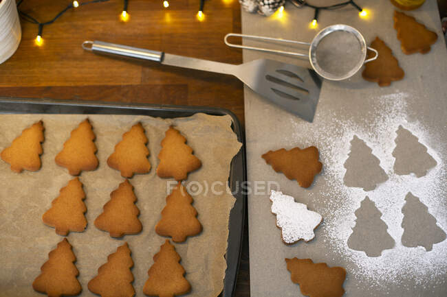 Alto angolo di chiusura dei biscotti dell'albero di Natale su una teglia. — Foto stock