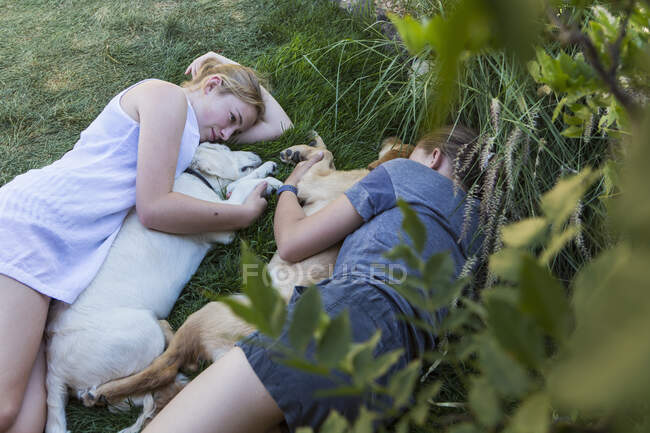 Две девочки-подростки, лежащие на лужайке, обнимают своих собак-ретриверов. — стоковое фото