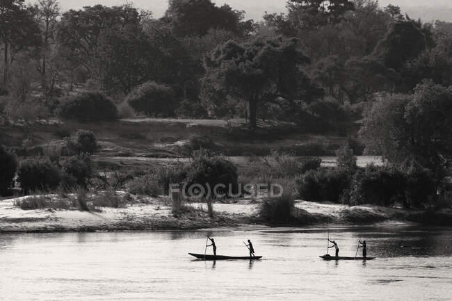 Locais que descem o rio Zambeze em canoas mokoro tradicionais, Zâmbia. — Fotografia de Stock
