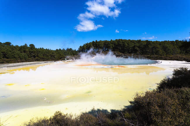 Large thermal pools with mist rising and yellow sulphur deposits — Stock Photo