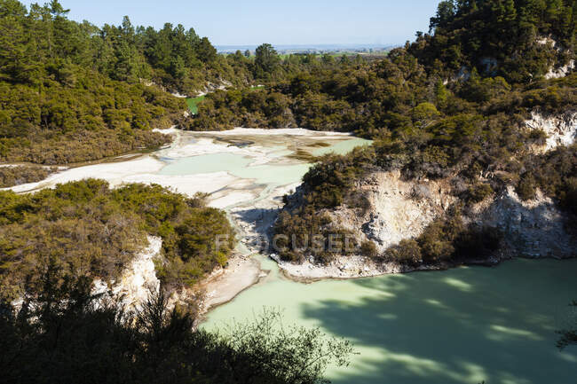Elevated view, thermal pools with mist rising from the heated water — Stock Photo