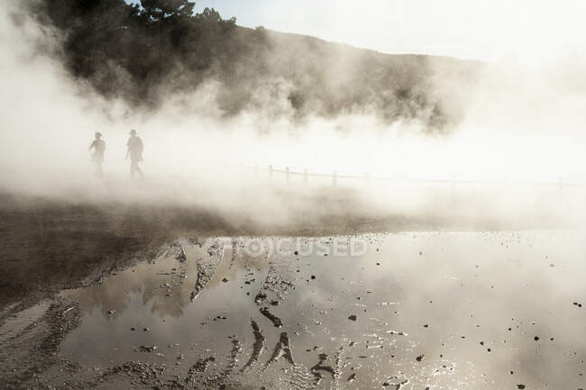 Термальные бассейны с туманом, поднимающимся из бассейнов с подогревом воды — стоковое фото