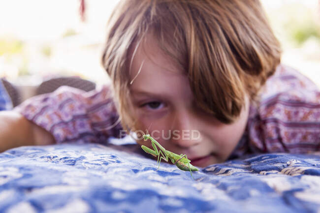 Niño de siete años mirando una mantis religiosa - foto de stock