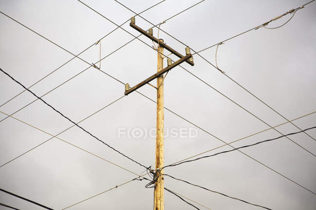 Low angle view, crossing wires overhead, telegraph pole, infrastructure — Stock Photo