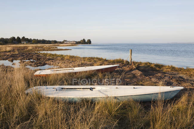 Dos pequeñas embarcaciones varadas en la costa - foto de stock