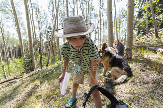 7 year old boy drinking water from hydration pack in forest of Aspen trees — Stock Photo