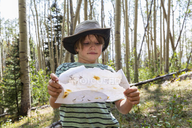 Garçon de sept ans tenant une carte au trésor dans la forêt de trembles — Photo de stock