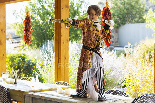 Portrait of cute seven year old boy dressed as a pirate — Stock Photo