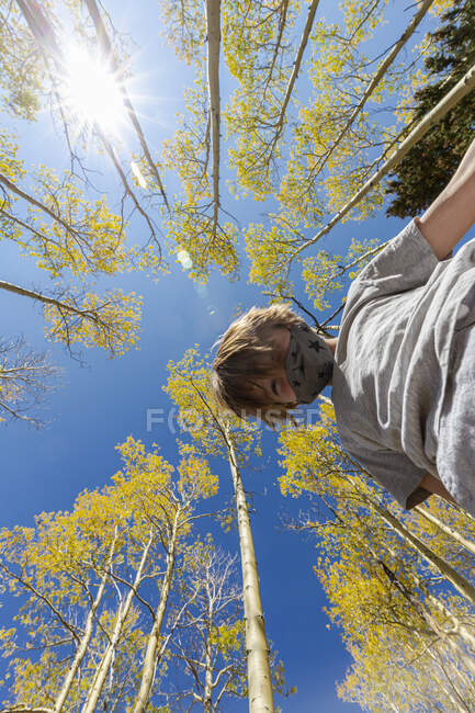 Visão de baixo ângulo no menino vestindo máscara COVID com aspens outono acima — Fotografia de Stock