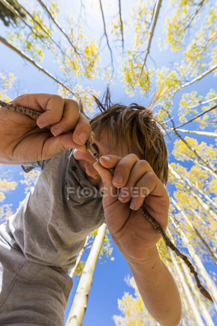 Низкий угол зрения на мальчика в маске COVID с осенью осины выше — стоковое фото