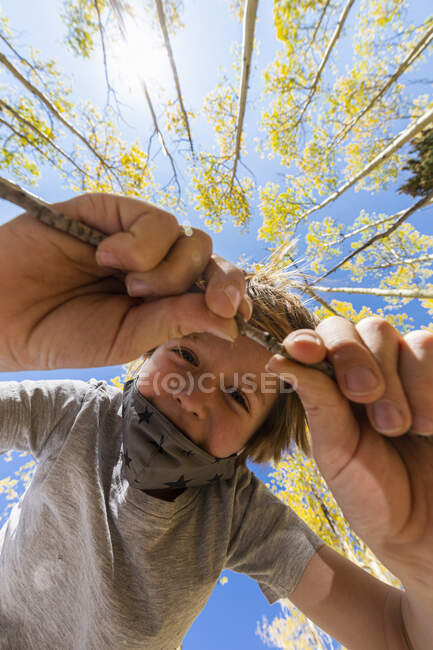 Vue de bas angle au jeune garçon portant le masque COVID avec des trembles d'automne ci-dessus — Photo de stock