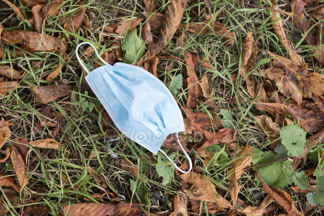 High angle close up of disposed blue surgical face mask lying on ground. — Stock Photo