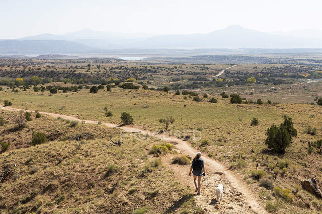 Adolescente y su perro recuperador caminando en un sendero a través de un paisaje de cañón protegido - foto de stock