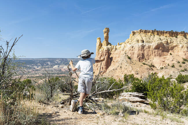 Мальчик, смотрящий на Скалу Чимни, через охраняемый каньон — стоковое фото