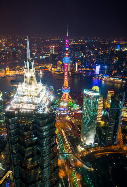 Aerial view of the Pudong Financial district at dusk, Shanghai, China. — Stock Photo