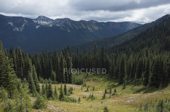 Storm clouds lifting over remote mountain range and alpine meadow — Stock Photo
