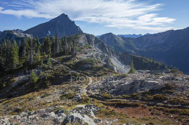 Пешеходная тропа через обширные горы альпийской дикой природы — стоковое фото