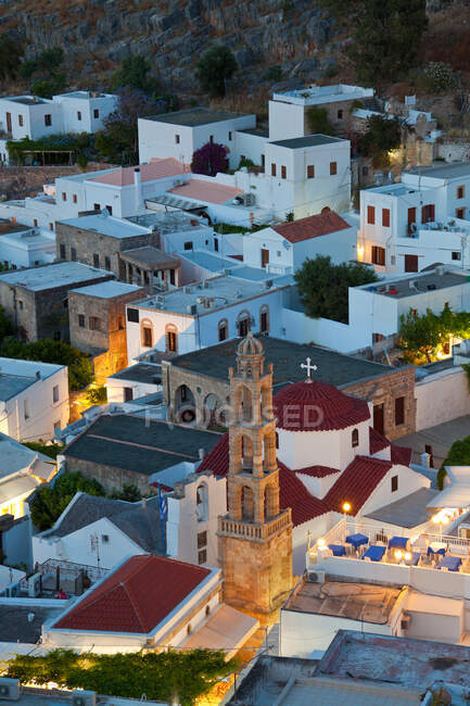 Crépuscule, Lindos, île Rhodes, îles Dodécanèse, — Photo de stock