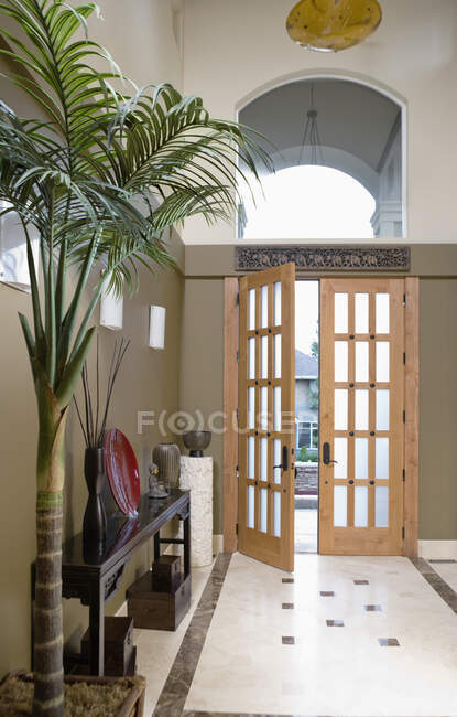 Открытая дверь в коридор с горшечным растением и консольным столом. — стоковое фото