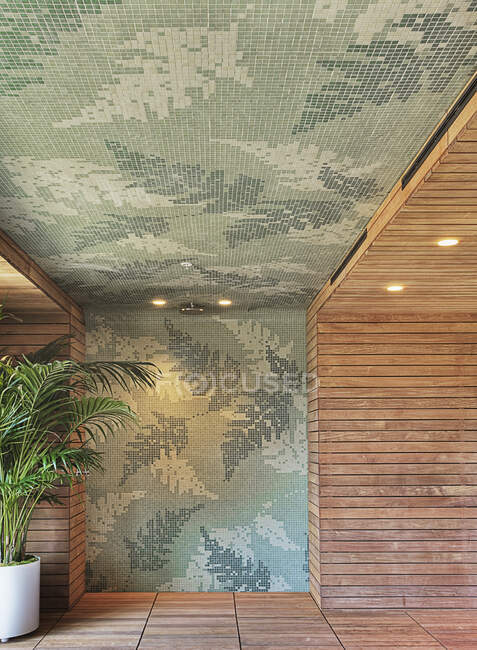 Fliesenmuster von Blättern und Fermen an Wänden und Decke und Holzwand im Duschraum mit Topfpflanze. — Stockfoto