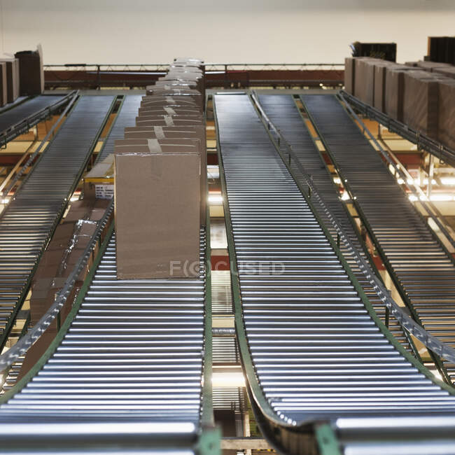 Cardboard boxes on conveyor belt in factory or warehouse. — Stock Photo
