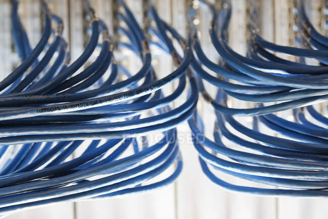Computer cables plugged into the back of a cabinet — Stock Photo