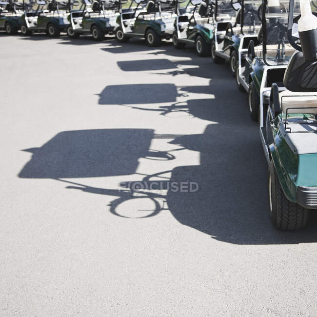 Golf buggies parked in a crescent — Stock Photo