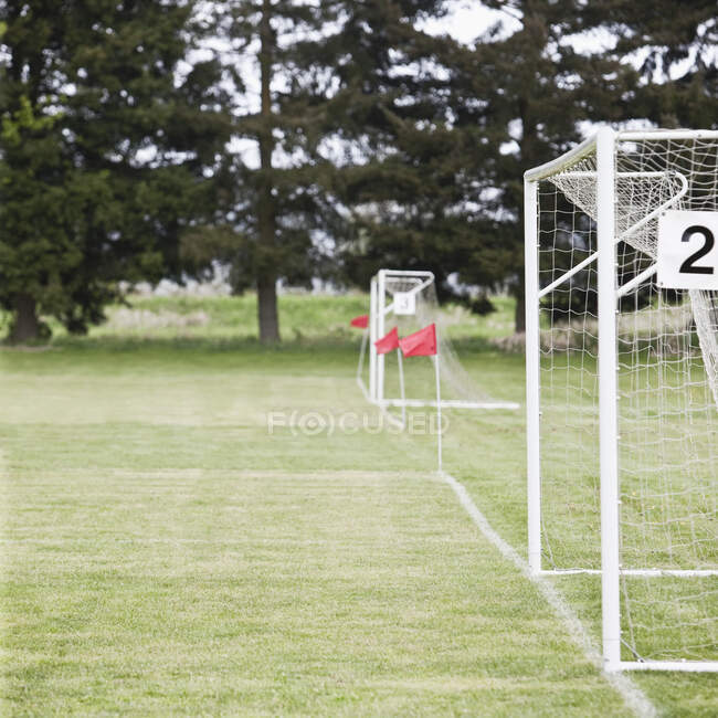Redes de goles de fútbol en el campo de fútbol - foto de stock