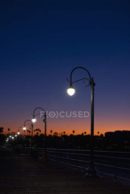 Luz da rua com palmeiras ao pôr do sol. — Fotografia de Stock